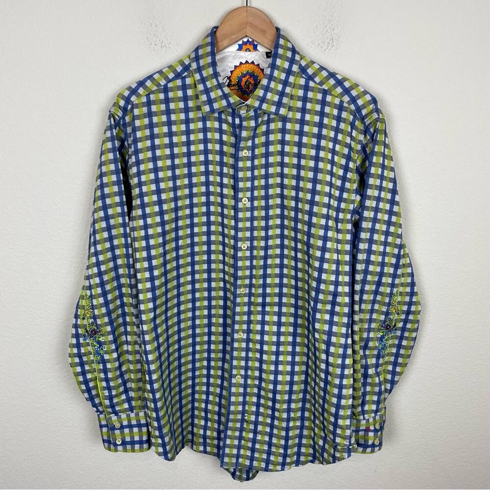 Robert Graham Blue Green Plaid Embroidered Long Sleeve Shirt Large